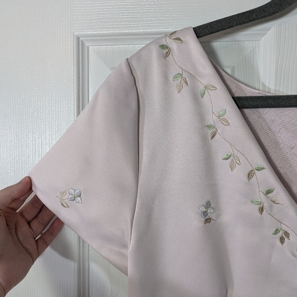 Vintage 80s David‎ Warren Floral Embroidered Baby Pink Satin Maxi Dress Size 12 - Picture 7 of 11